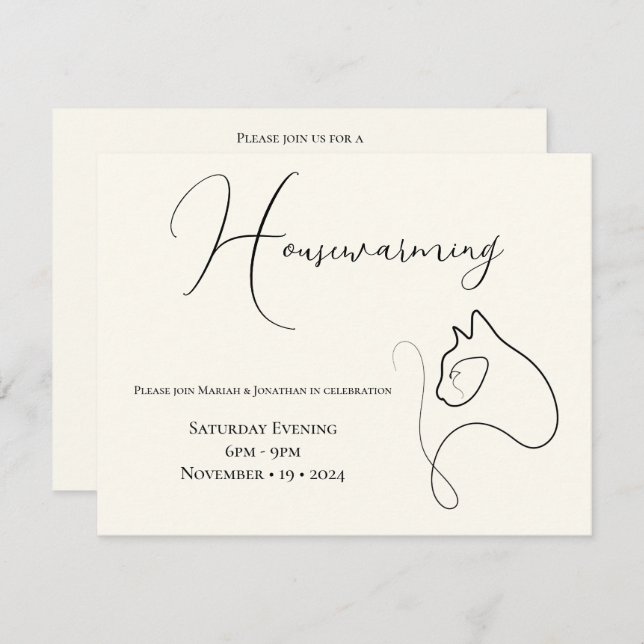 Black & Cream Minimalist Cat Lover Housewarming Invitation (Front/Back)