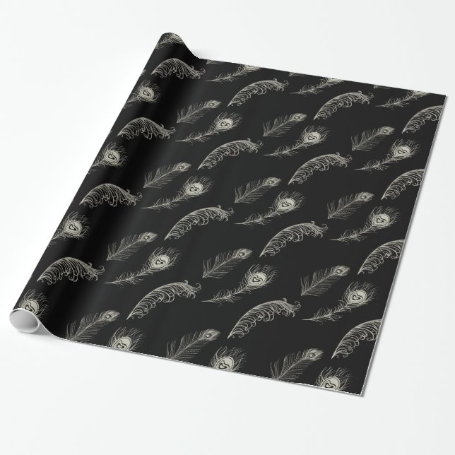 Black Cream Peacock Feathers Birthday Wrapping Paper (Unrolled)