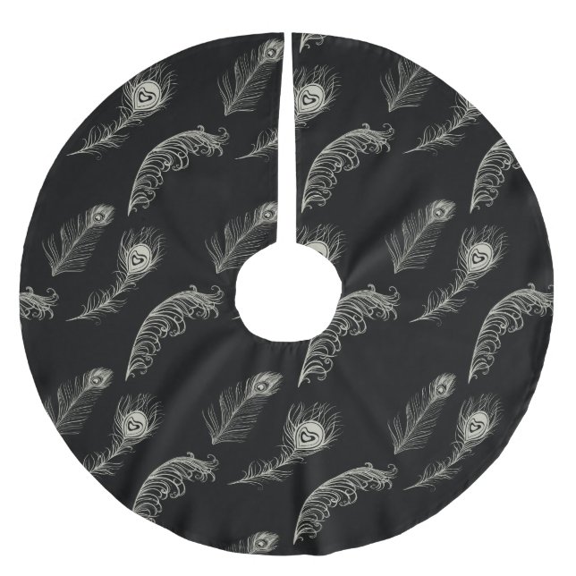 Black Cream Peacock Feathers Brushed Polyester Tree Skirt (Front)