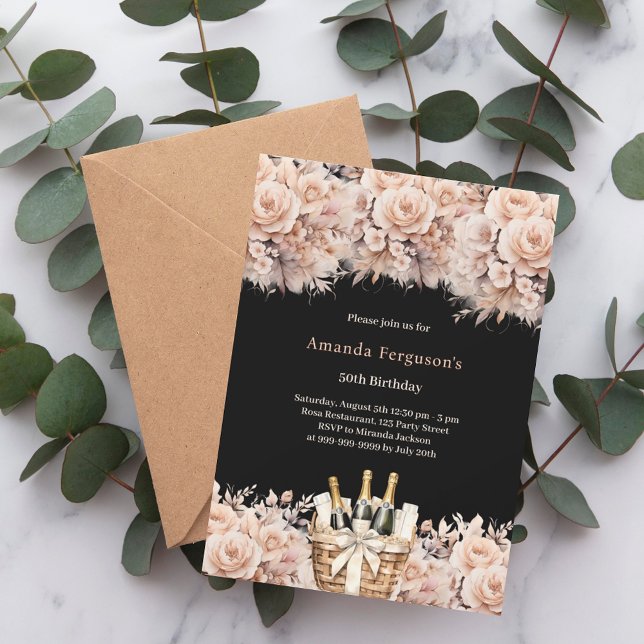 Black cream roses florals boho birthday invitation (Creator Uploaded)