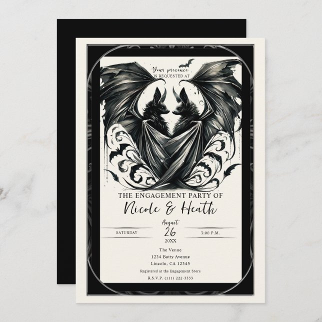 Black Cream Silver Gothic Love Bats Engagement Invitation (Front/Back)
