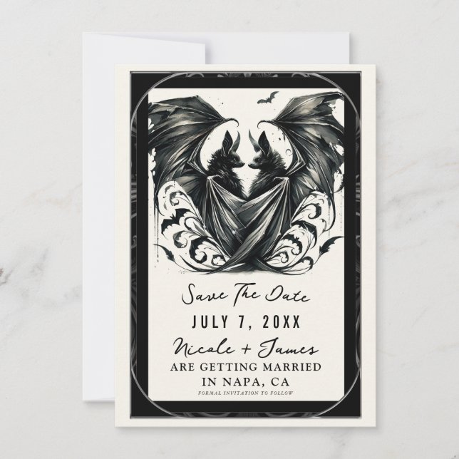 Black Cream Silver Gothic Love Bats Save the Date Invitation (Front)