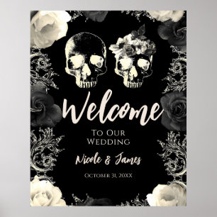 Black Cream Skeleton Skull Wedding Welcome Sign