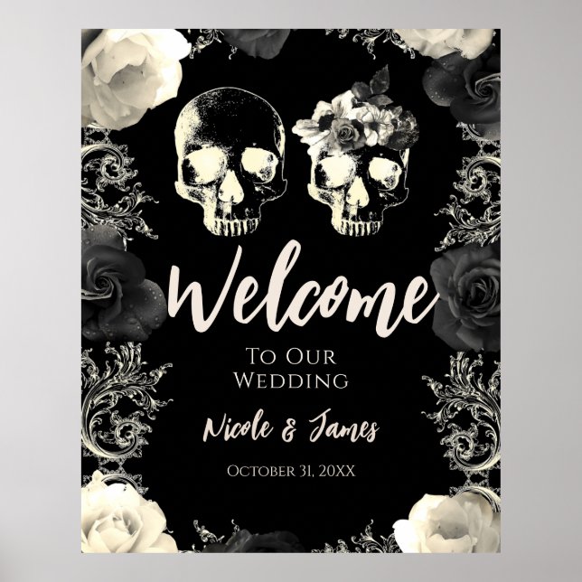 Black Cream Skeleton Skull Wedding Welcome Sign (Front)