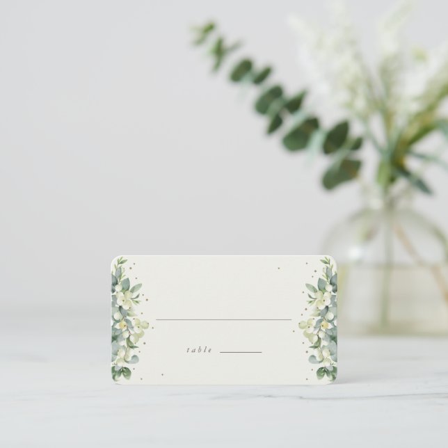 Black/Cream Snowberry + Eucalyptus Wedding Flat Place Card (Standing Front)