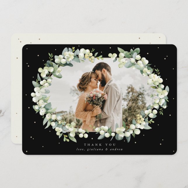 Black/Cream Snowberry+Eucalyptus Wedding Photo Thank You Card (Front/Back)