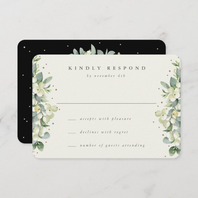 Black/Cream Snowberry+Eucalyptus Wedding RSVP Card (Front/Back)