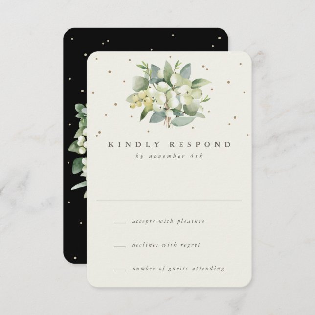 Black/Cream Snowberry+Eucalyptus Wedding RSVP Card (Front/Back)