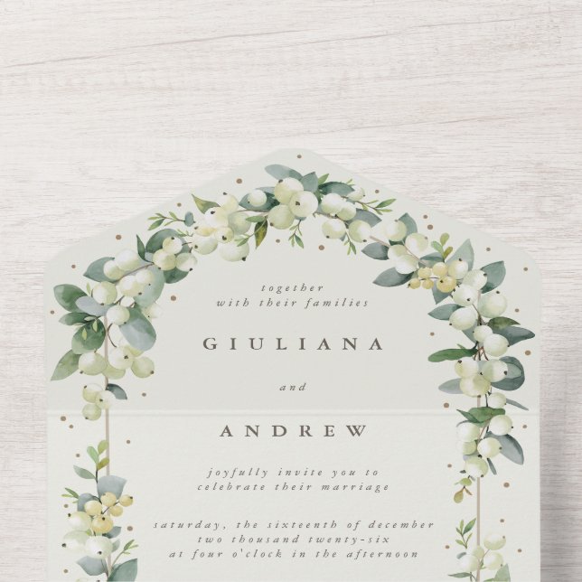 Black/Cream Snowberry+Eucalyptus Winter Wedding All In One Invitation (Inside Top)