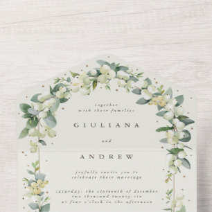 Black/Cream Snowberry+Eucalyptus Winter Wedding All In One Invitation
