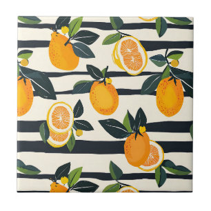 Black Cream Striped Citrus Fruit Botanical Ceramic Tile