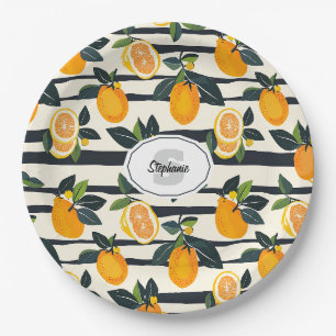 Black Cream Striped Citrus Fruit Botanical Paper Plate