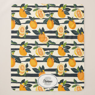 Black Cream Striped Citrus Fruit Botanical Sherpa Blanket