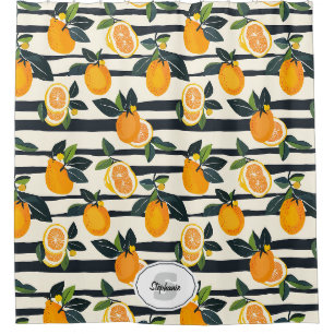 Black Cream Striped Citrus Fruit Botanical Shower Curtain