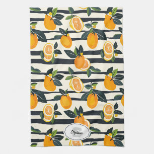 Black Cream Striped Citrus Fruit Botanical Tea Towel
