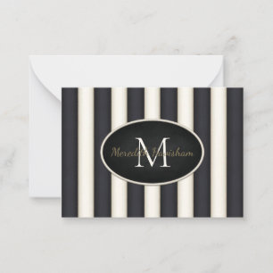 Black & Cream Stripes Oval Framed Monogram Custom Card