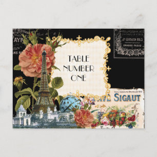 Black Cream Vintage Eiffel Tower Rose Table Number Postcard