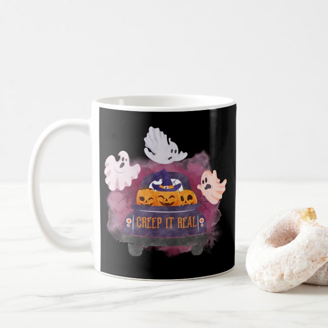 Black Creep It Real Pumpkin Ghost Halloween  Coffee Mug (With Donut)