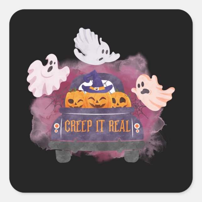 Black Creep It Real Pumpkin Ghost Halloween Square Sticker (Front)