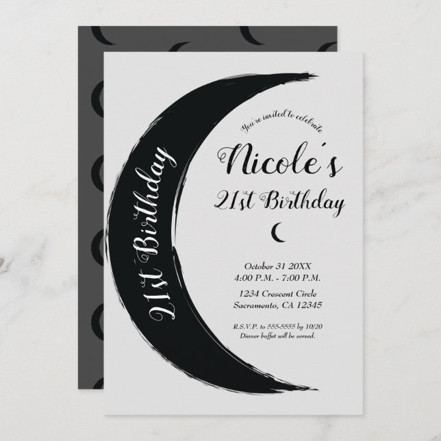 Black Crescent Dark Moon Celestial Birthday Party Invitation (Front/Back)