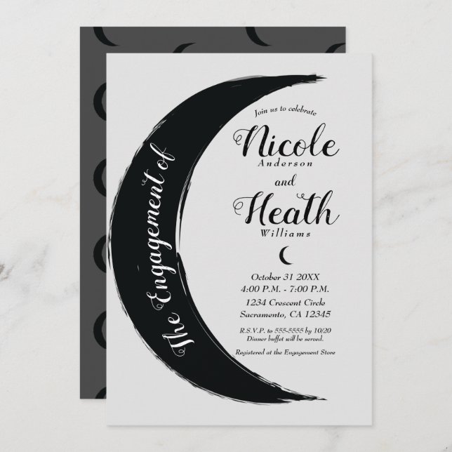 Black Crescent Dark Moon Grey Engagement Shower  Invitation (Front/Back)