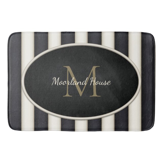 Black & Cresme Stripes Bronze Monogram Bath Mat (Front)