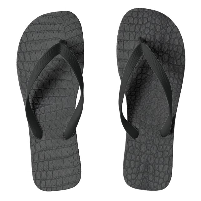 Black Crocodile Leather Print Thongs (Footbed)