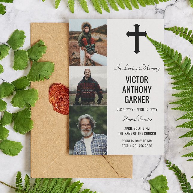 Black Cross 3 Photos White Burial Service Invitation (Creator Uploaded)