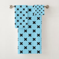Black cross stitches on baby blue