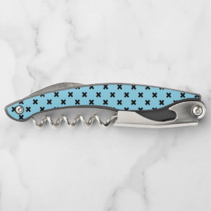 Black cross stitches on baby blue corkscrew