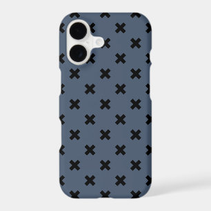 Black cross stitches on blue-grey