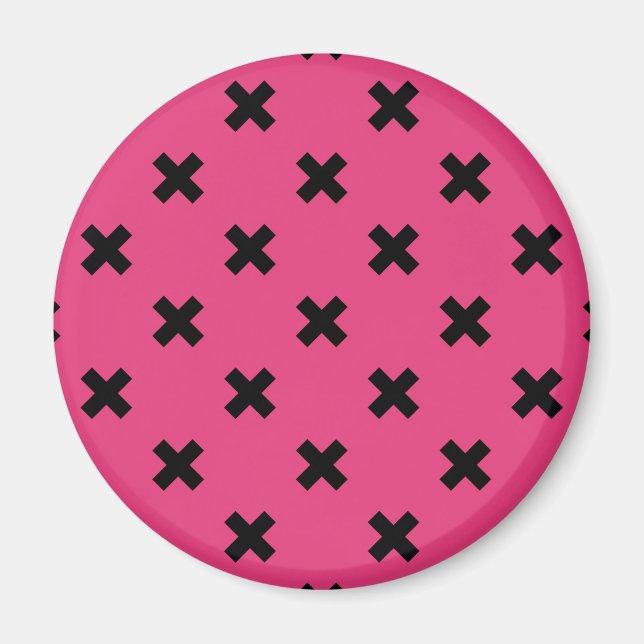 Black cross stitches on fuchsia magnet (Front)