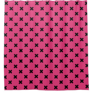 Black cross stitches on fuchsia shower curtain