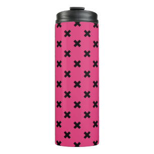 Black cross stitches on fuchsia thermal tumbler