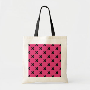 Black cross stitches on fuchsia tote bag