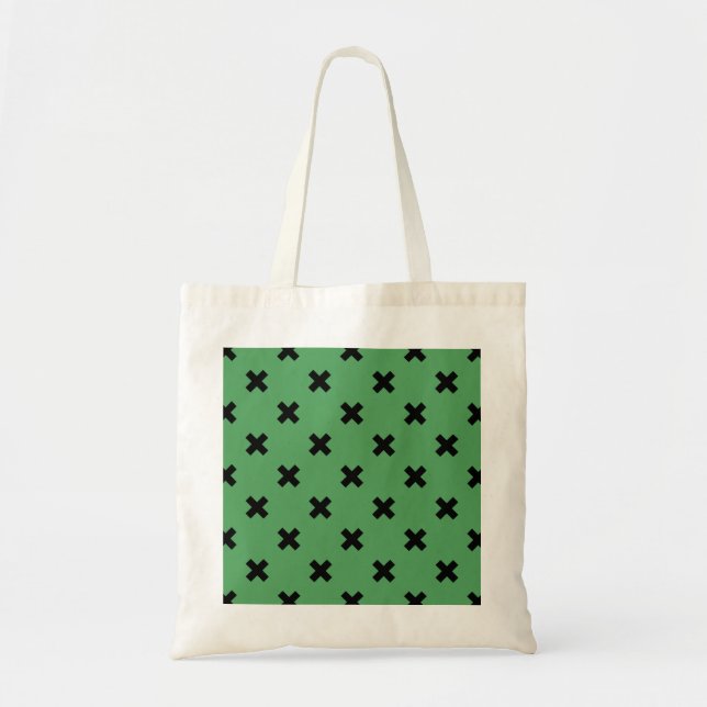 Black cross stitches on green tote bag (Front)