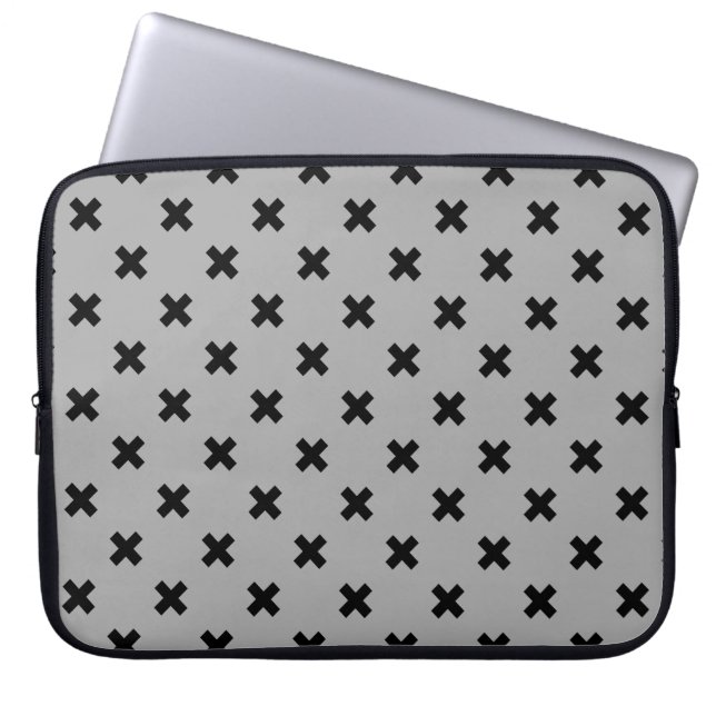 Black cross stitches on grey laptop sleeve (Front)