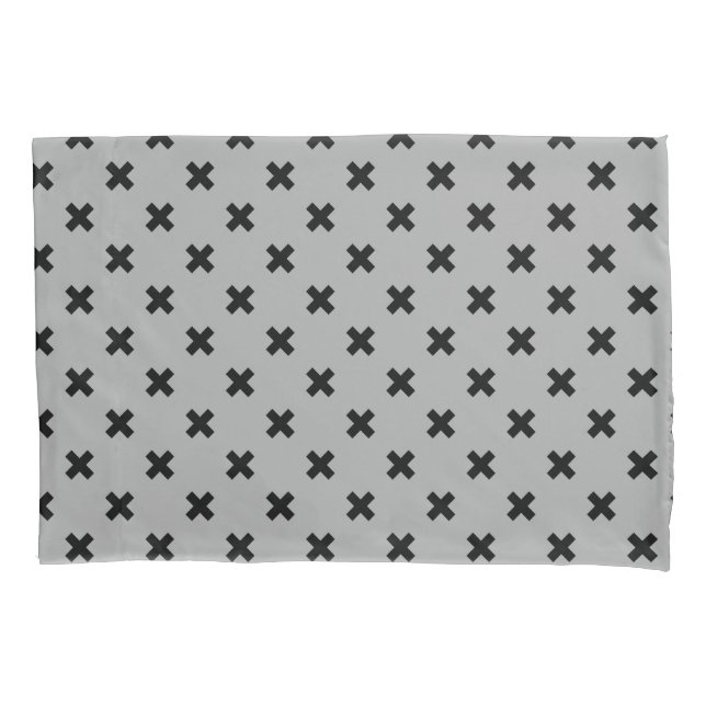 Black cross stitches on grey pillowcase (Front)