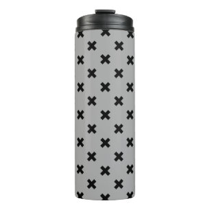 Black cross stitches on grey thermal tumbler