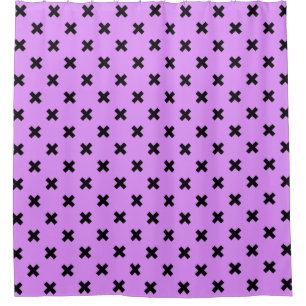 Black cross stitches on lilac shower curtain
