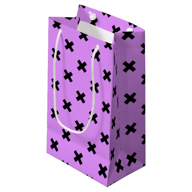 Black cross stitches on lilac small gift bag (Front Angled)