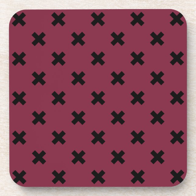 Black cross stitches on mulberry coaster (Front)
