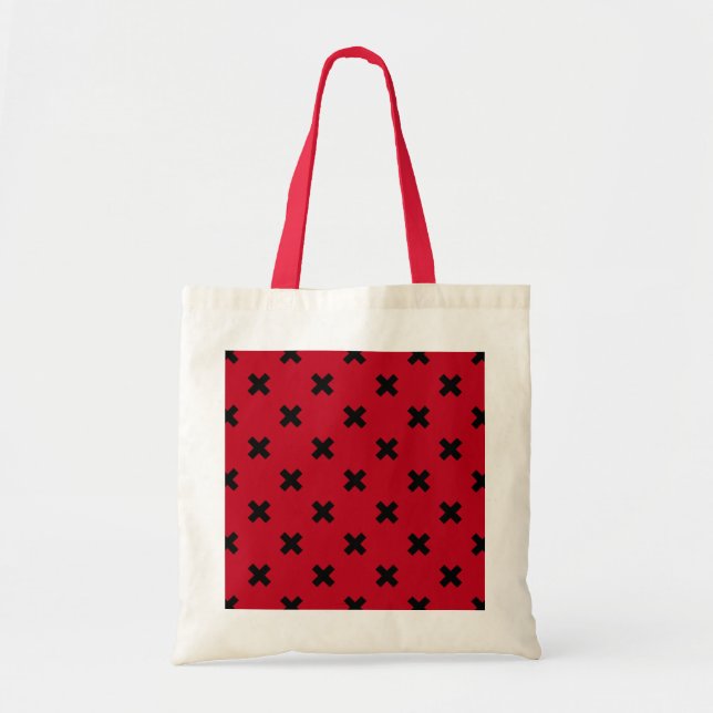 Black cross stitches on red tote bag (Front)