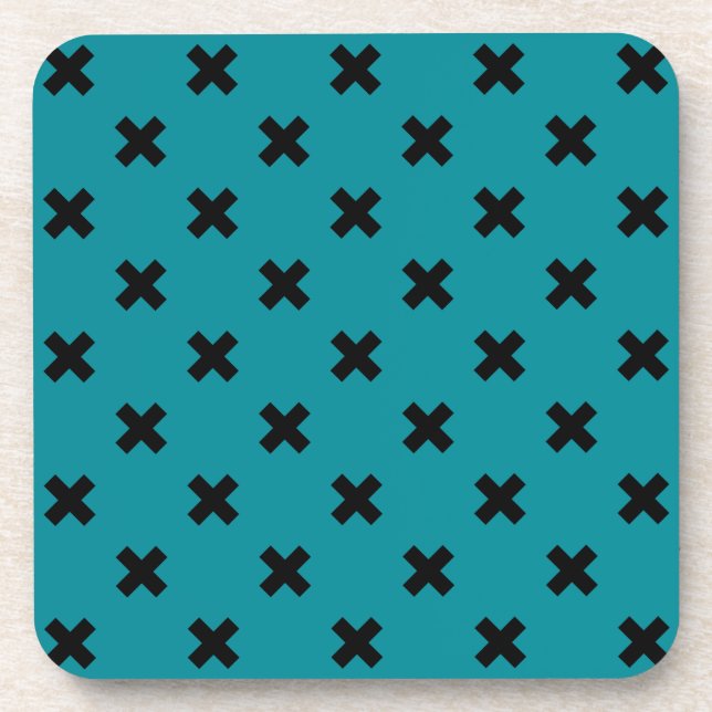Black cross stitches on teal coaster (Front)