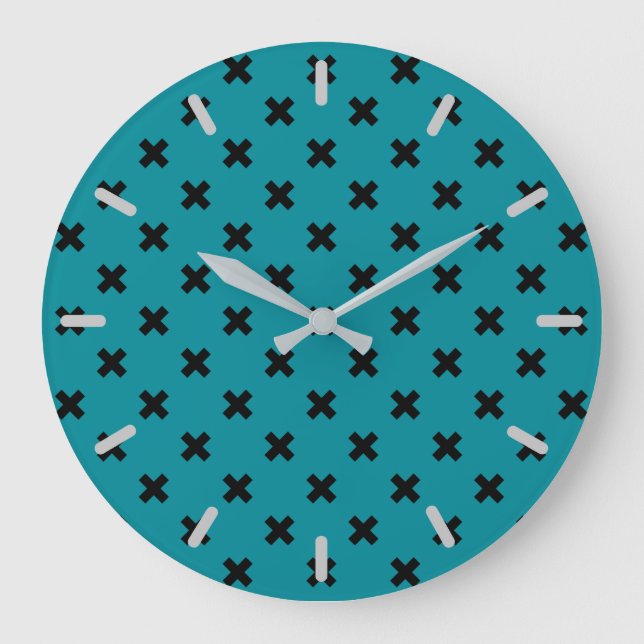 Black cross stitches on teal large clock (Front)