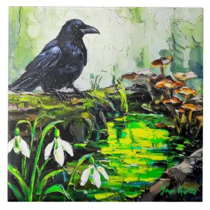 Black Crow and Glowing Forest Stream Oil Painting Ceramic Tile