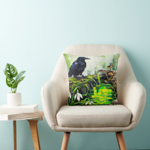 Black Crow and Glowing Forest Stream Oil Painting Cushion