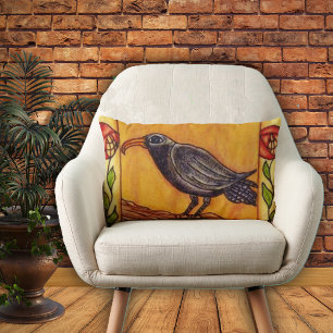 Black Crow Art Deco Roses Folk Art Lumbar Cushion