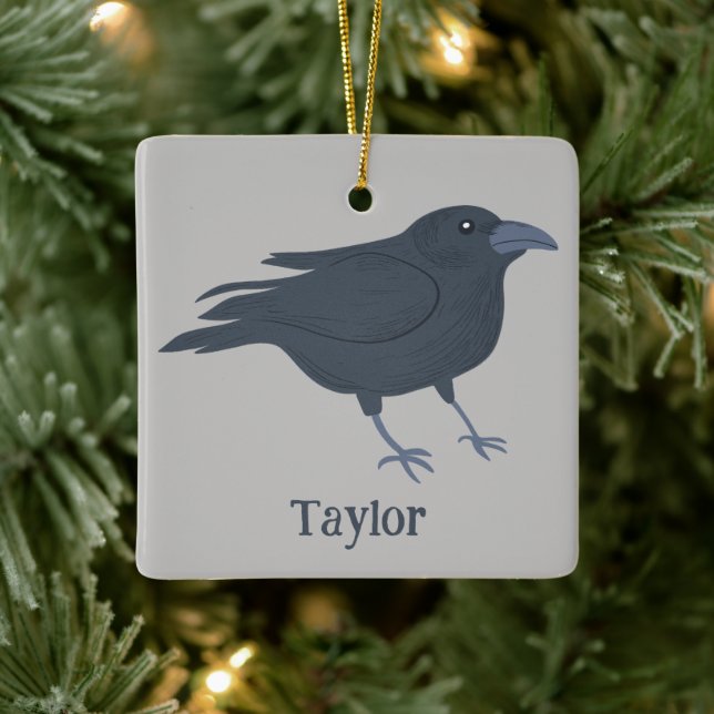 Black Crow Bird Illustration Personalised Ceramic Ornament (Tree)