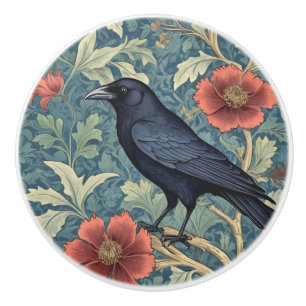 Black Crow Bird William Morris style Left facing Ceramic Knob